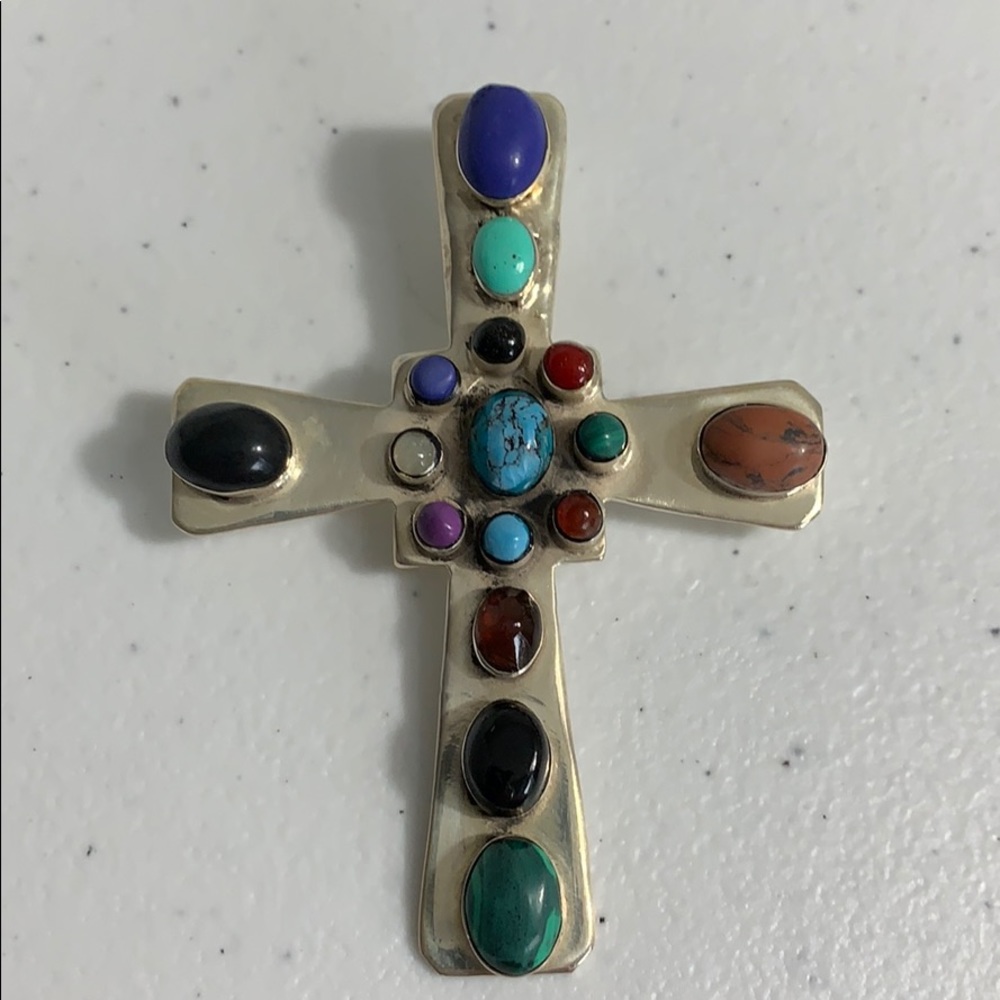 925 Silver Cross w Multi Colored Stones
